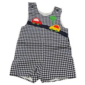 Vintage 70s 80s Boys 3T Houndstooth Jon Jon Romper Shortall Cars Tree Applique